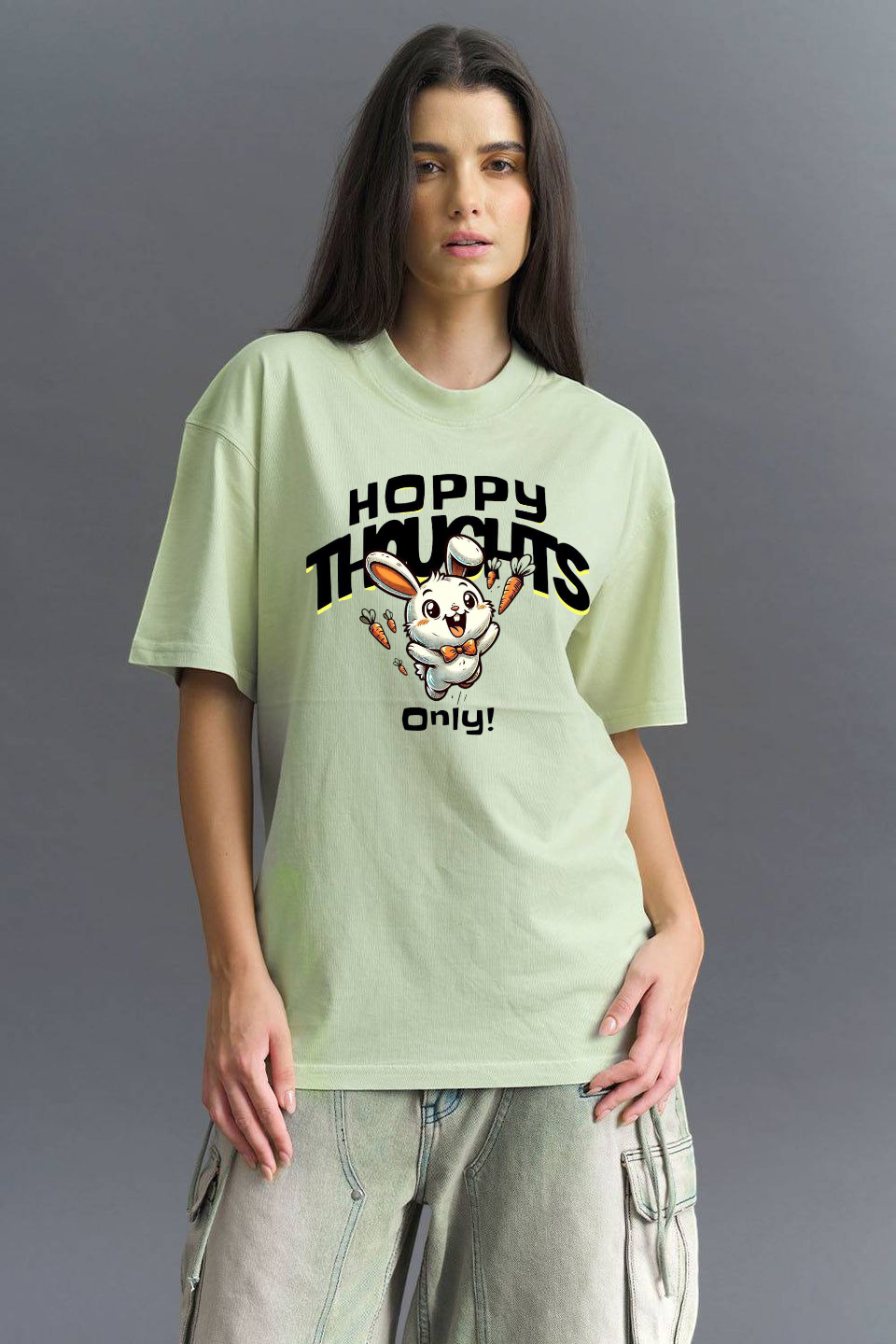 Light Green Female Premium Cotton T-shirt Happy Thoughts bunny