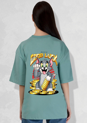 Green Female Premium Cotton T-shirt Good Luck Tom Cat