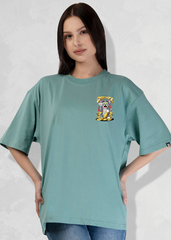 Green Female Premium Cotton T-shirt Good Luck Tom Cat