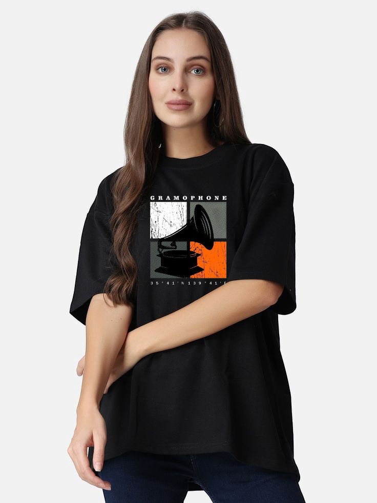 Black Premium Cotton Female T-shirt Gramophone