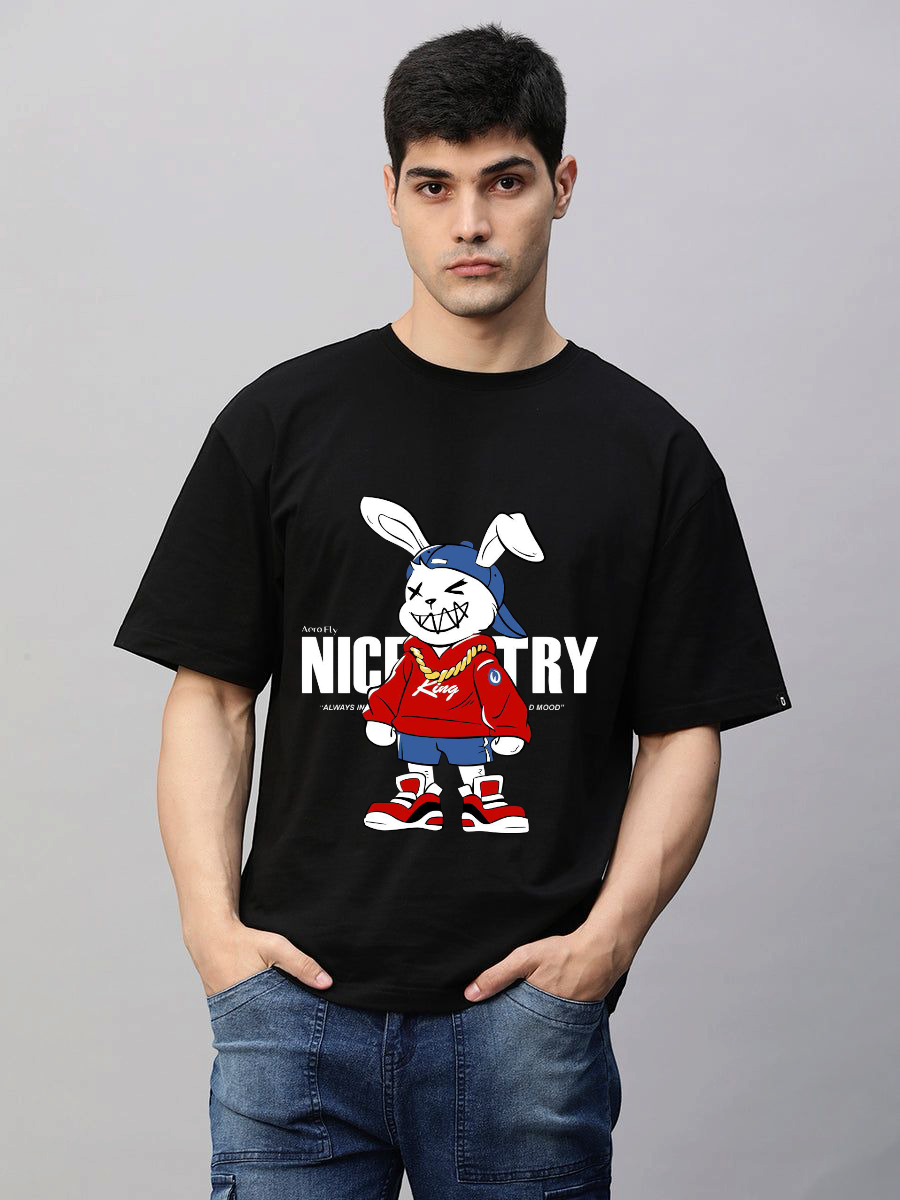 Nice Try Black Premium Cotton T-shirt With Swaggy Bunny