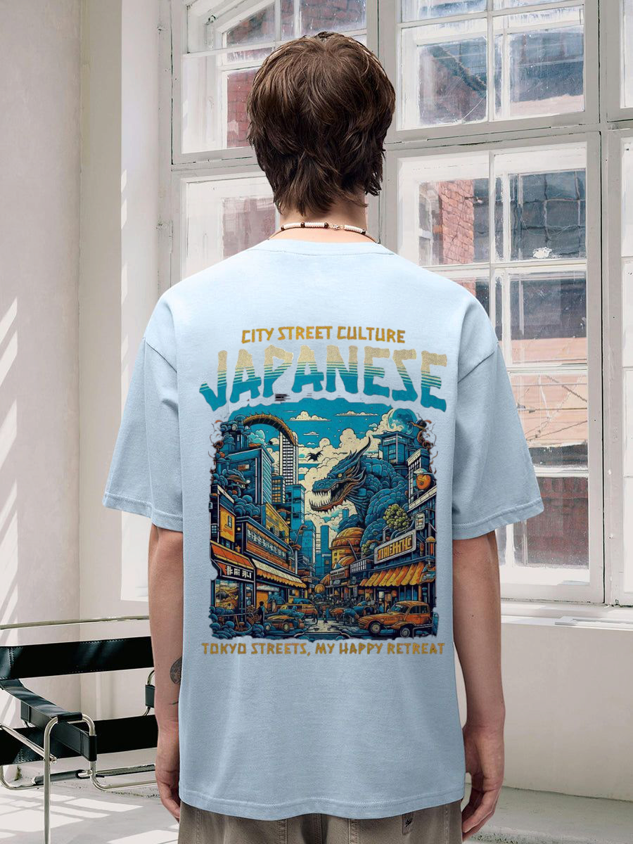 Sky Blue Cotton Mens T-shirt Japan City