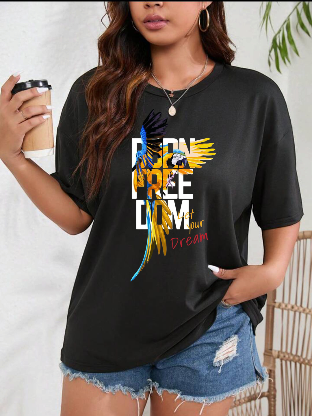 Black Cotton Female T-shirt Born Freedom