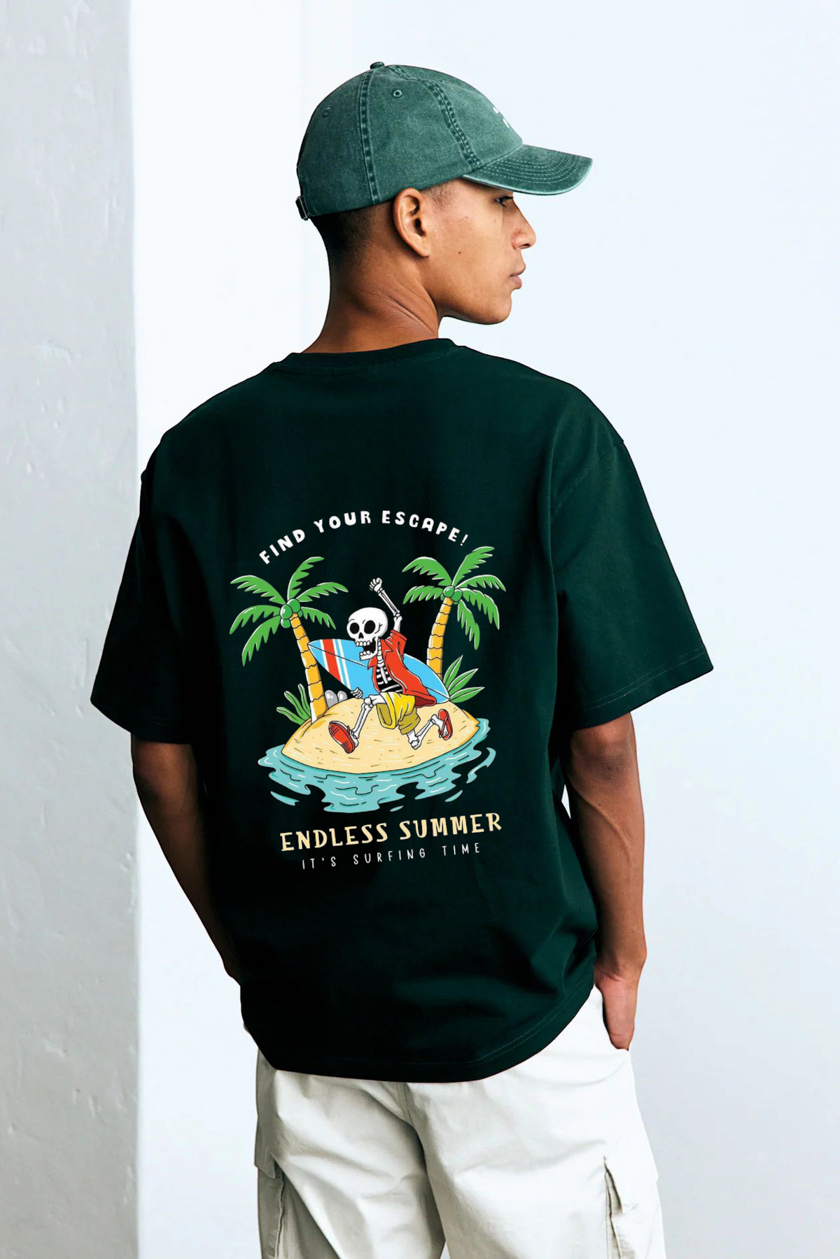 Black Premium Cotton Mens T-shirt With Summer Surfing Skeleton