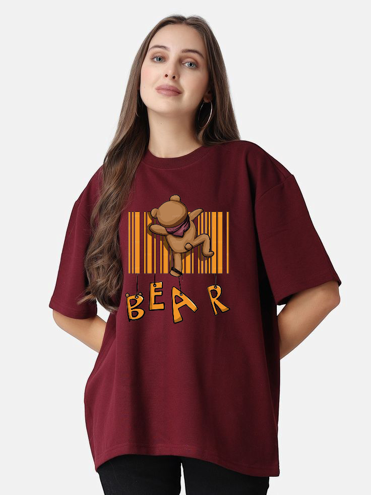 Maroon Female Cotton T-shirt Barcode Bear