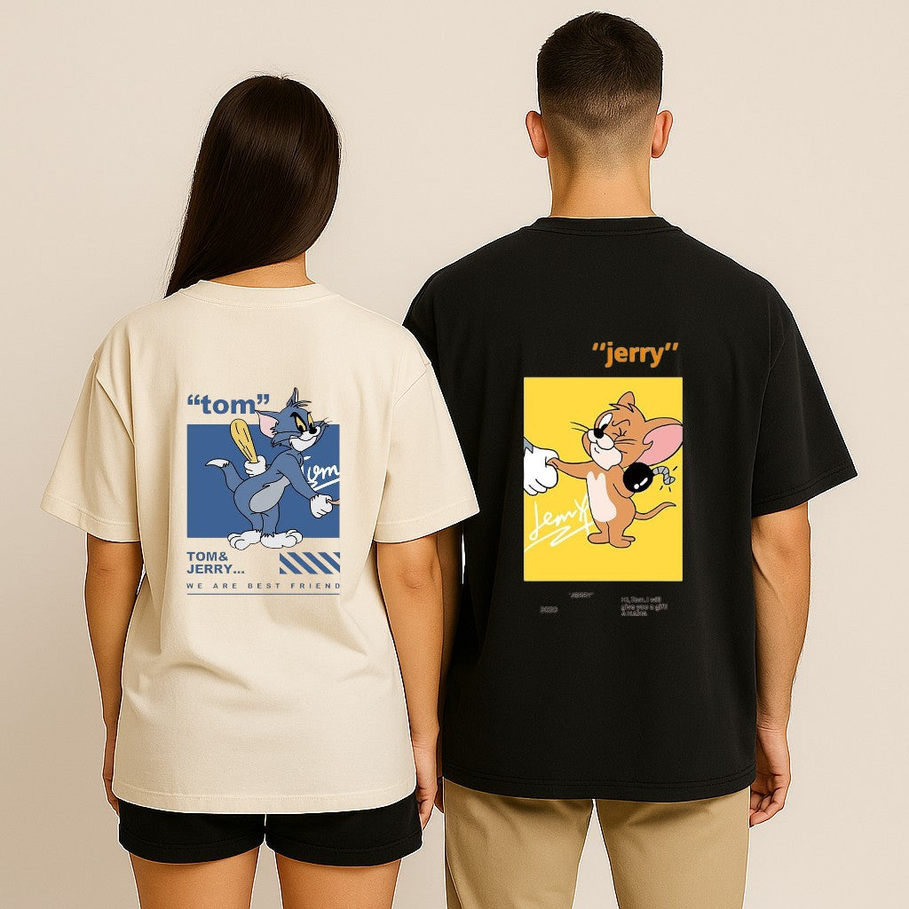 Couple Black and White Premium Cotton T-shirt Tom & Jerry Design