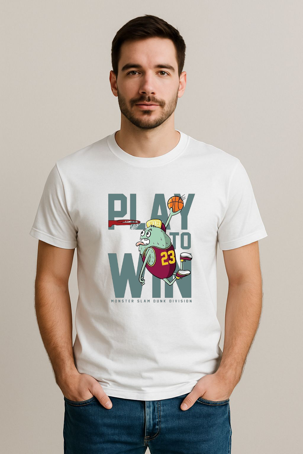 Play to Win – Monster Basketball White Regular Cotton T-shirt