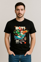 Boys Black Bird Print Regular Cotton T-shirt